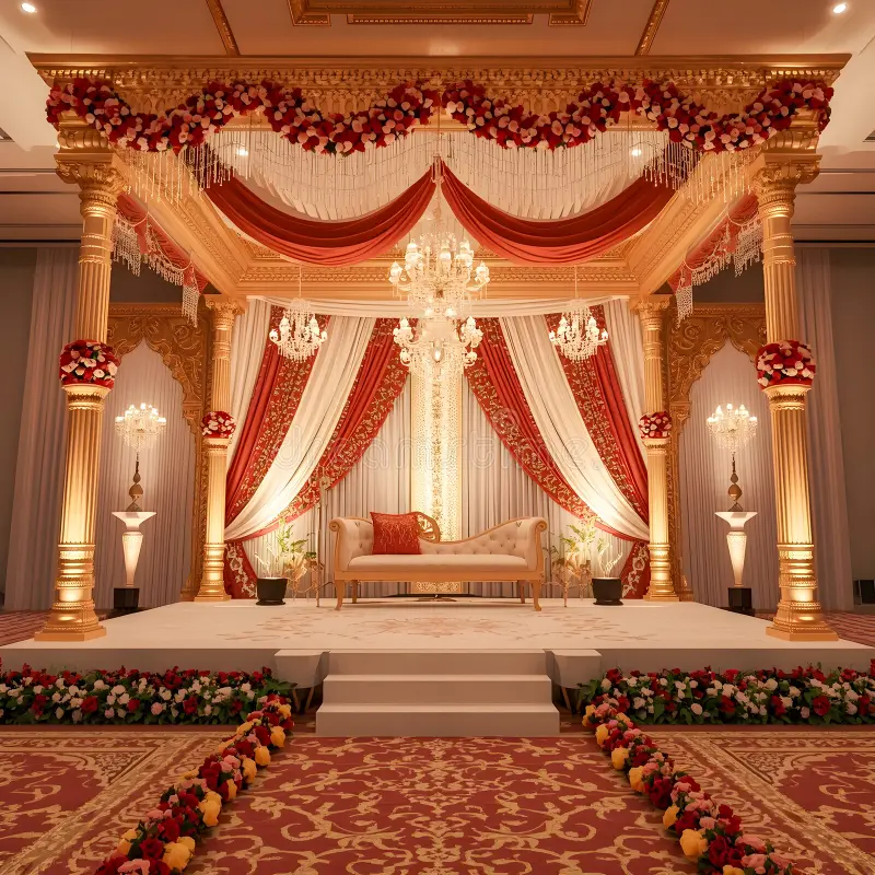 Grand mandap setup with floral arrangements in a hotel ballroom prepared for an Indian wedding ceremony