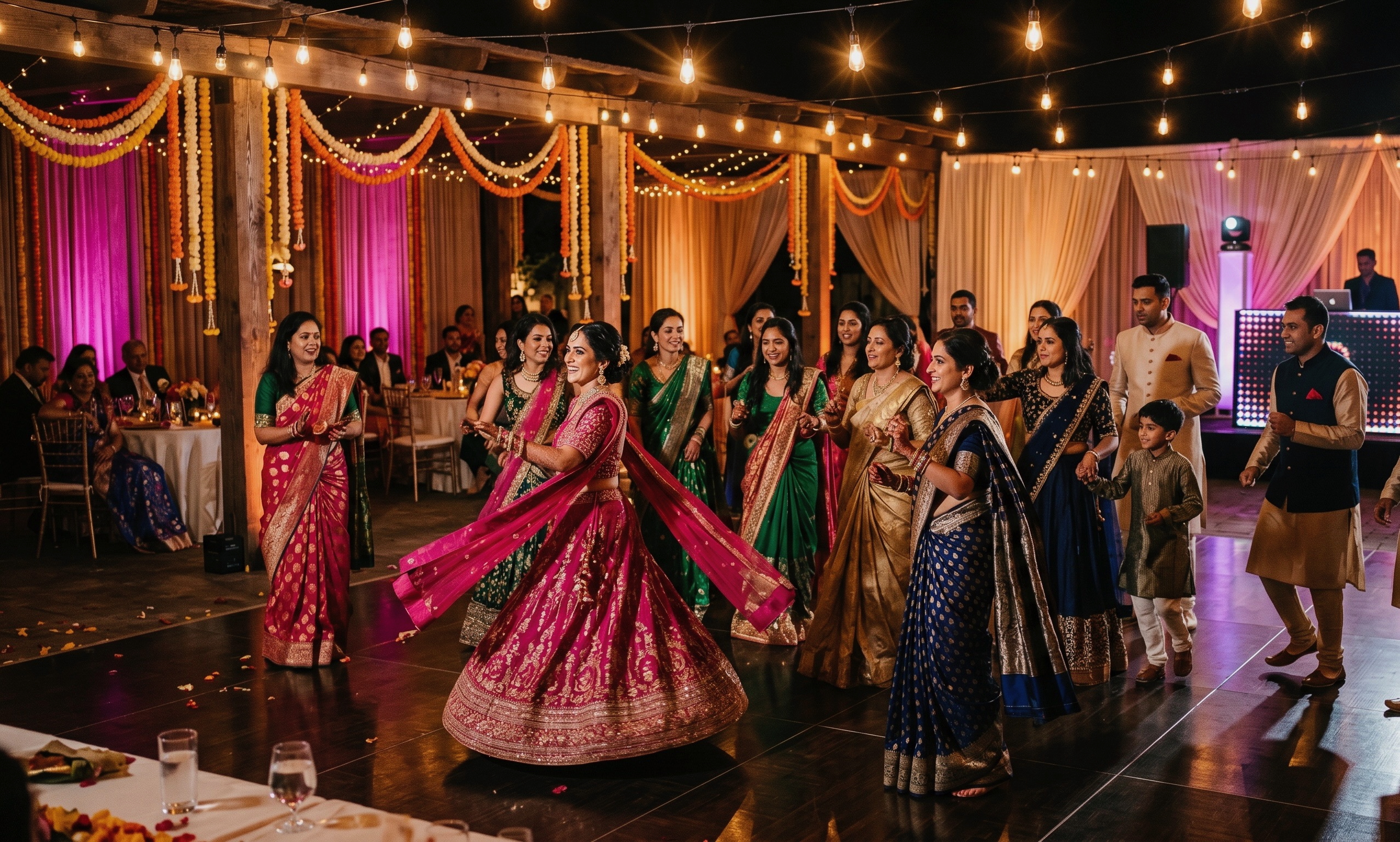 Colorful sangeet celebration with guests dancing under string lights and vibrant decor