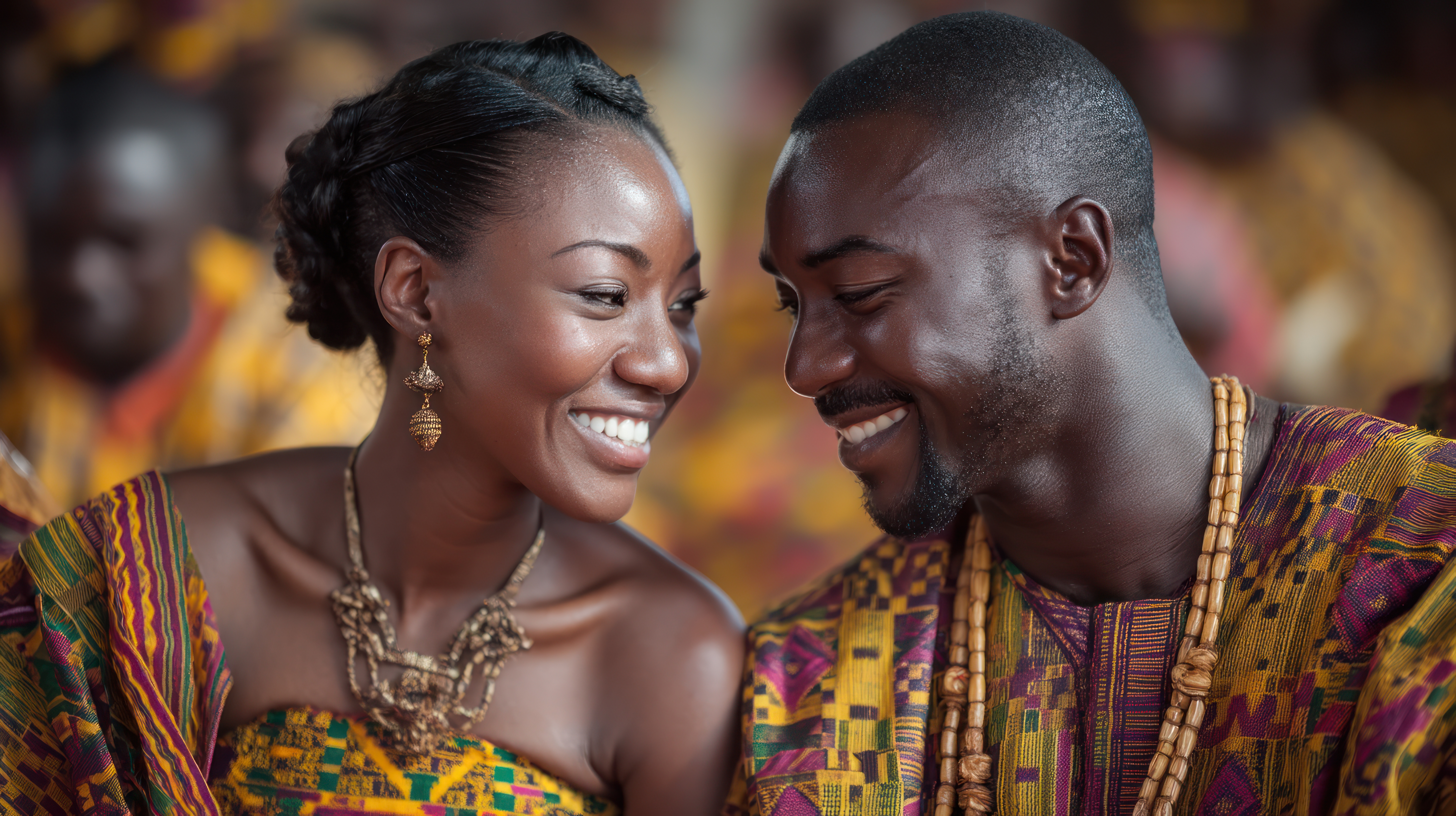 Ghanaian couple in full kente wedding attire at their traditional marriage ceremony